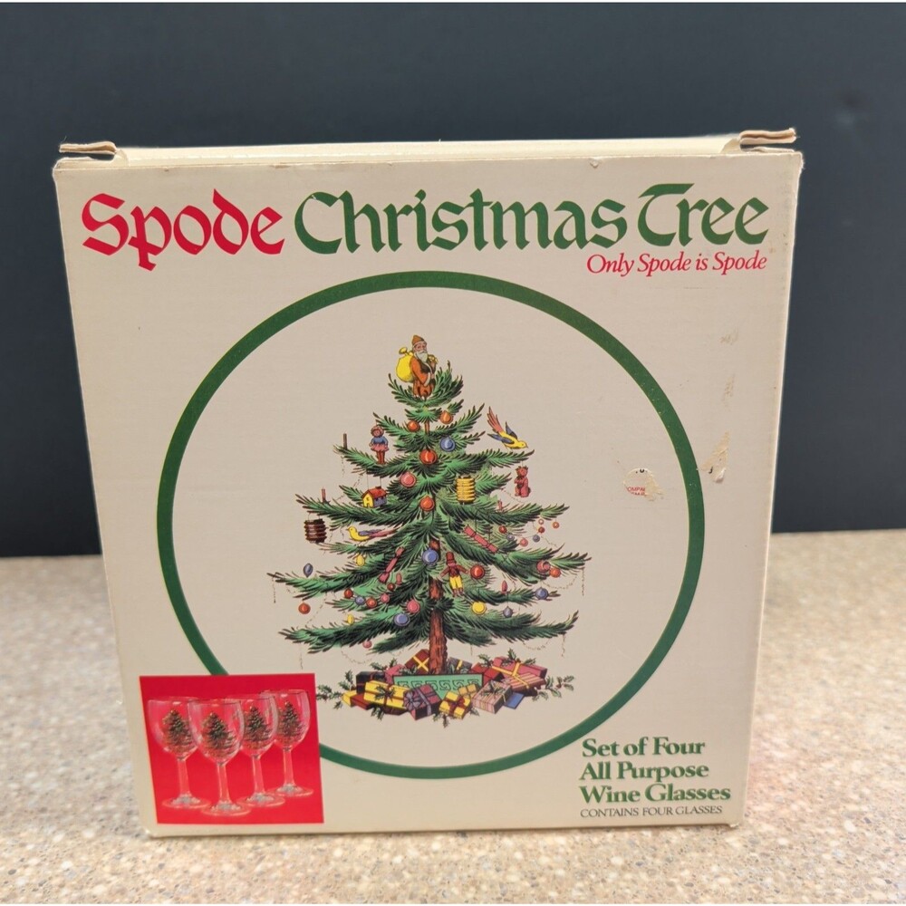 Vintage Spode Christmas Tree All Purpose Wine Glasses Set of 4 Gold Rim In Box